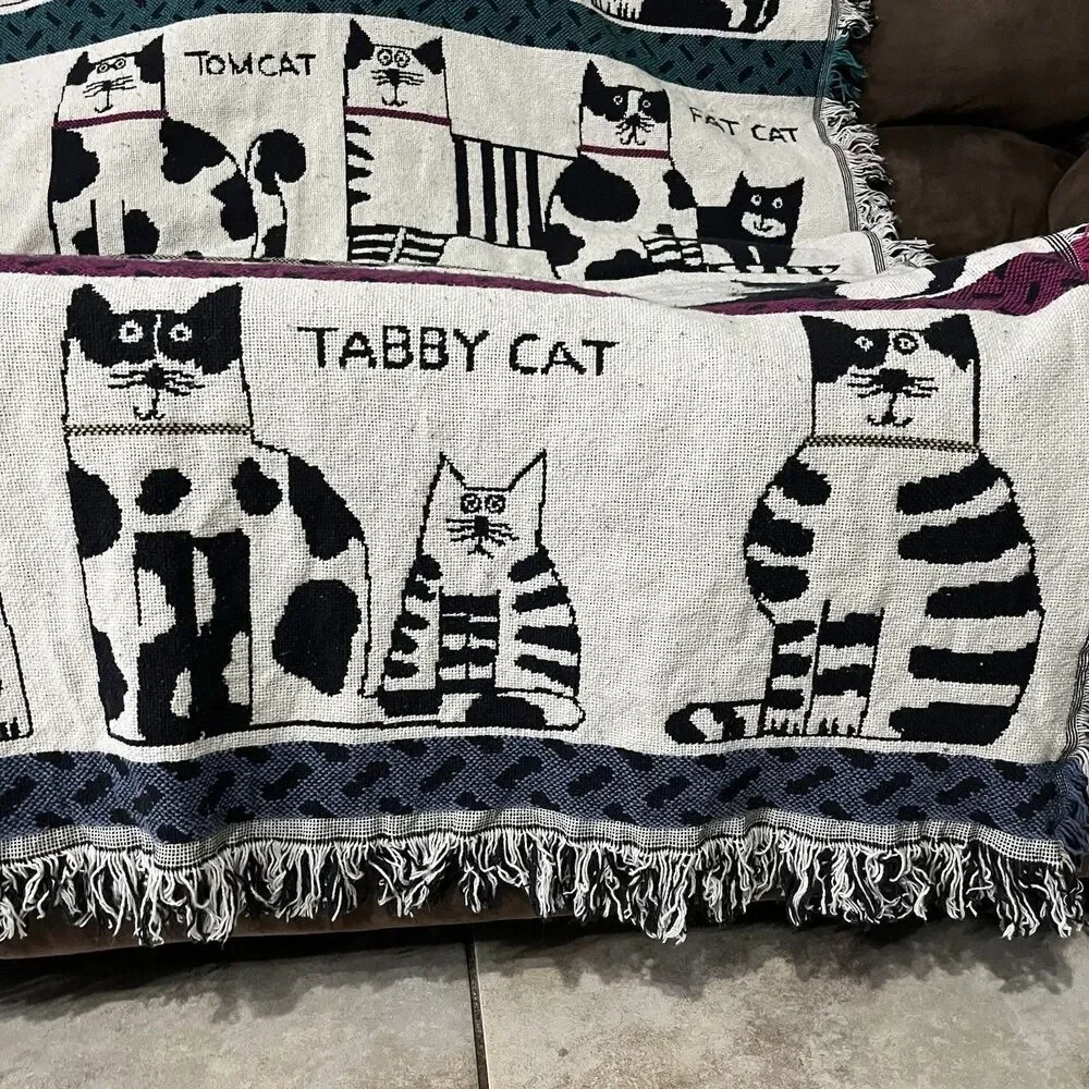 Crown Crafts Pat Meyers Cat Woven Throw Blanket Cotton Fringe Tapestry 60x50 USA